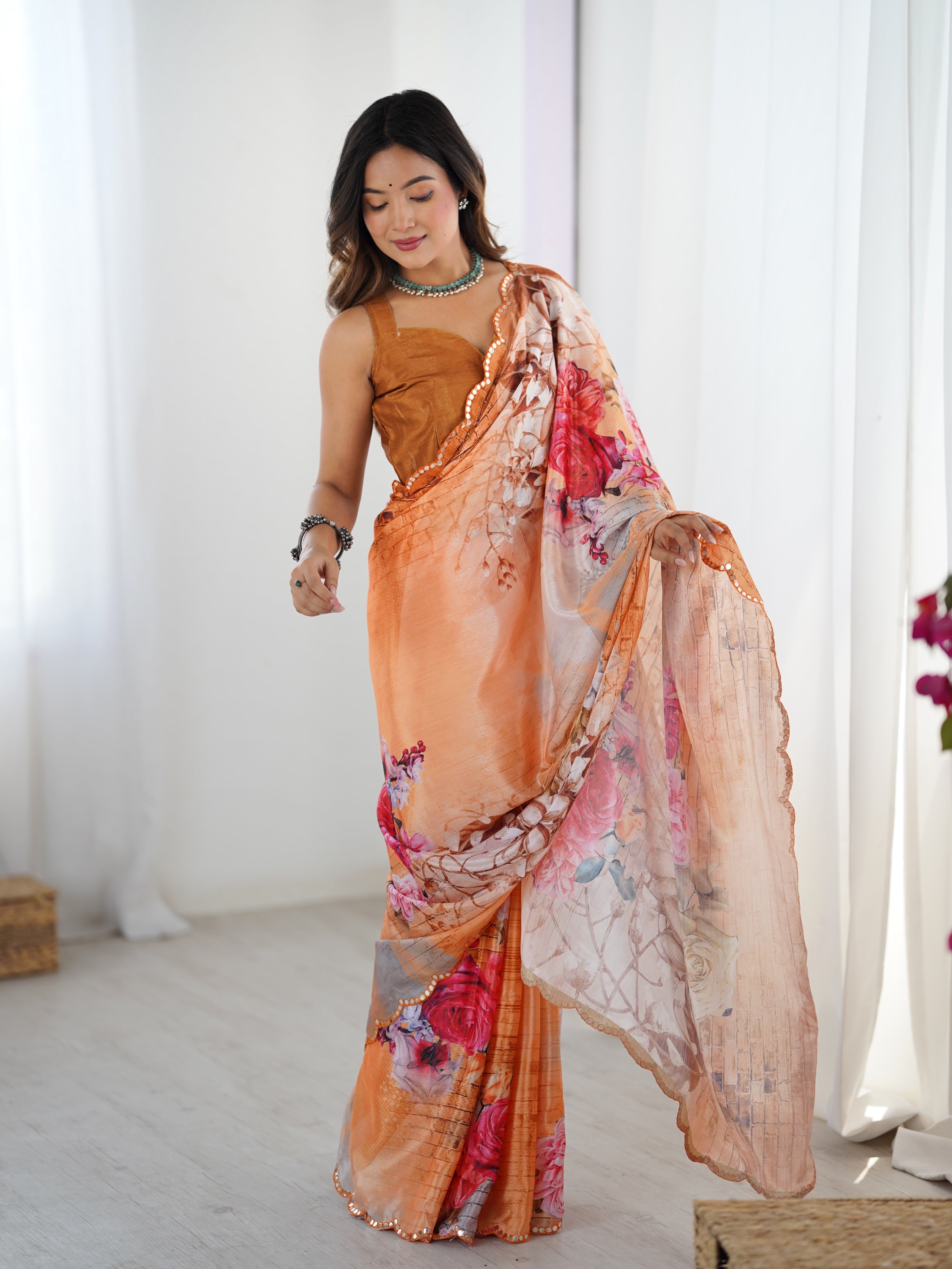 Multicolor Chinon digital printed saree with mirror lace border