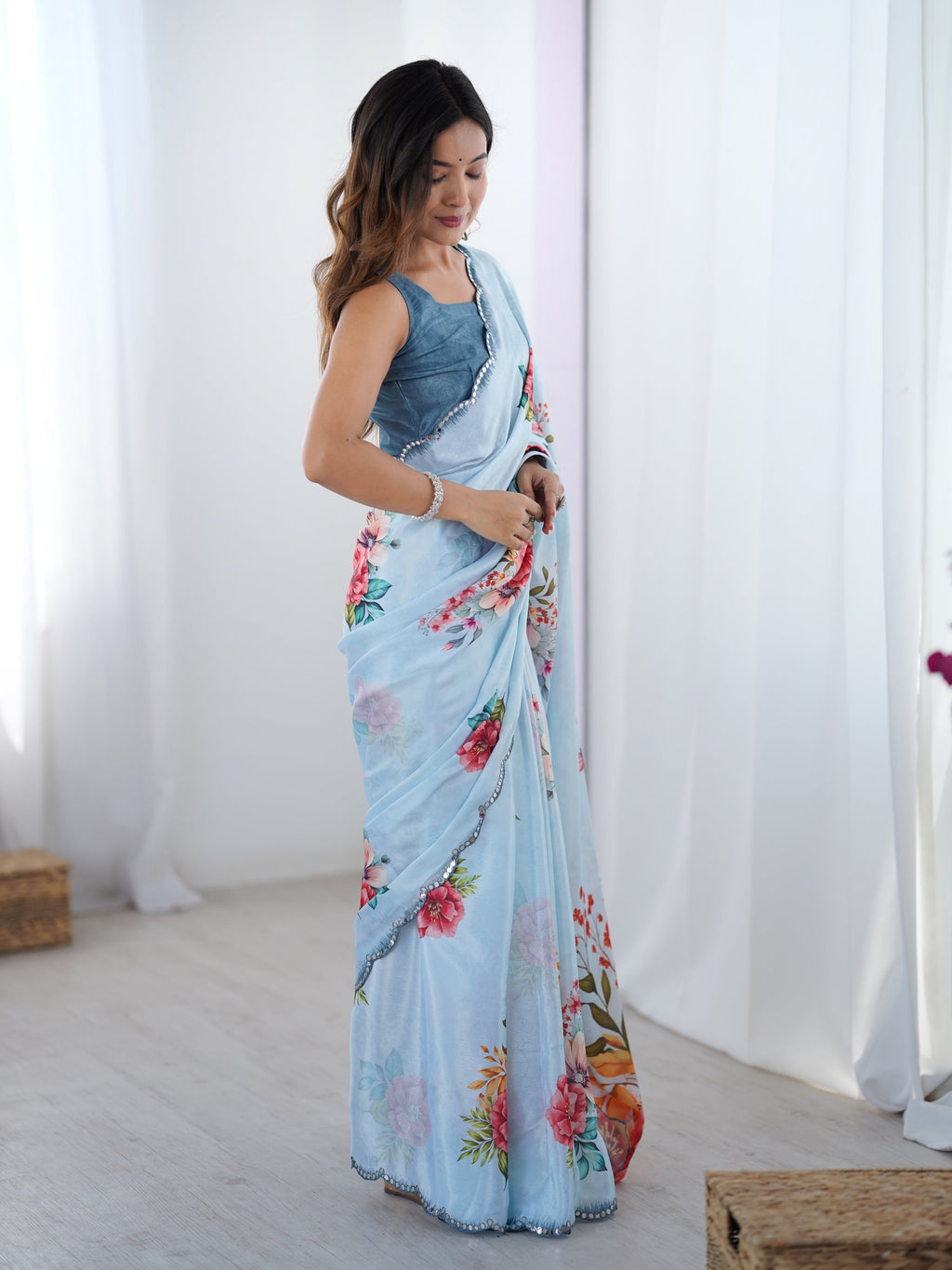 Sky Blue Chinon Digital Printed Designer Saree with Mirror Lace