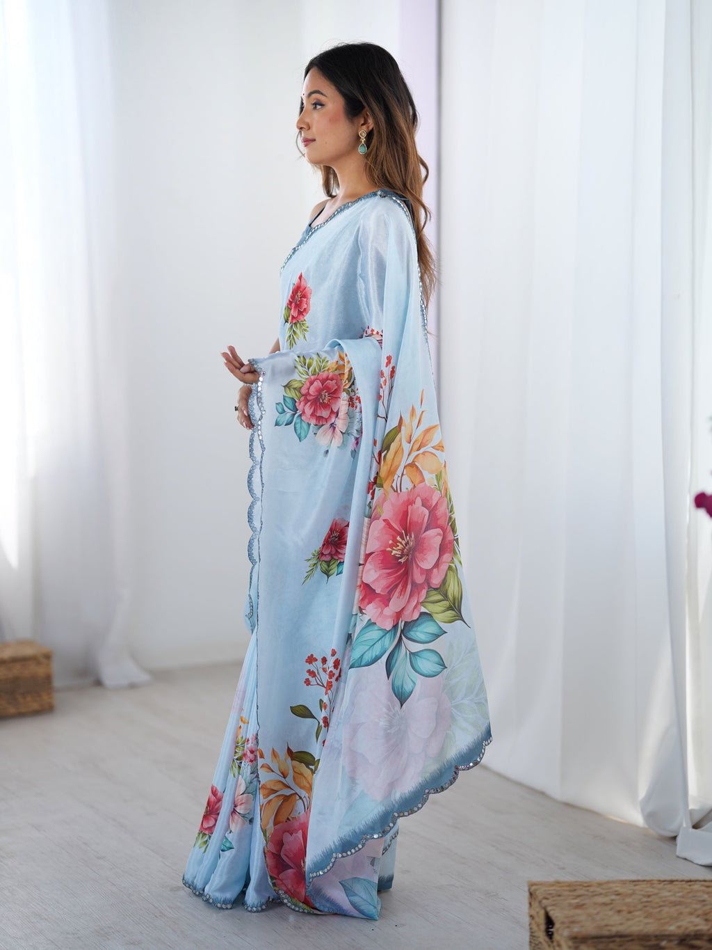 Sky Blue Chinon Digital Printed Designer Saree with Mirror Lace