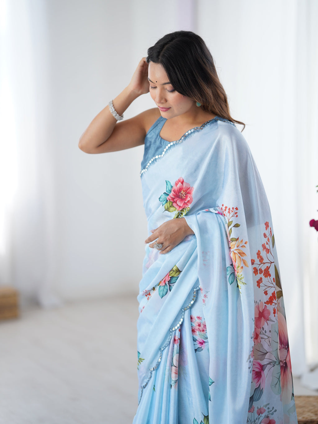 Sky Blue Chinon Digital Printed Designer Saree with Mirror Lace
