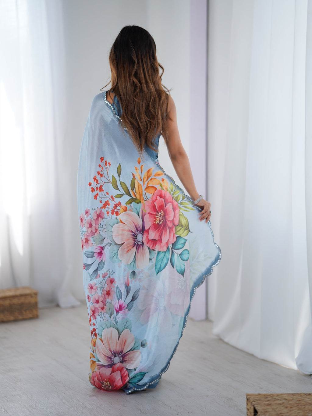 Sky Blue Chinon Digital Printed Designer Saree with Mirror Lace