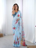 Sky blue Chinon saree with digital print and decorative mirror lace border