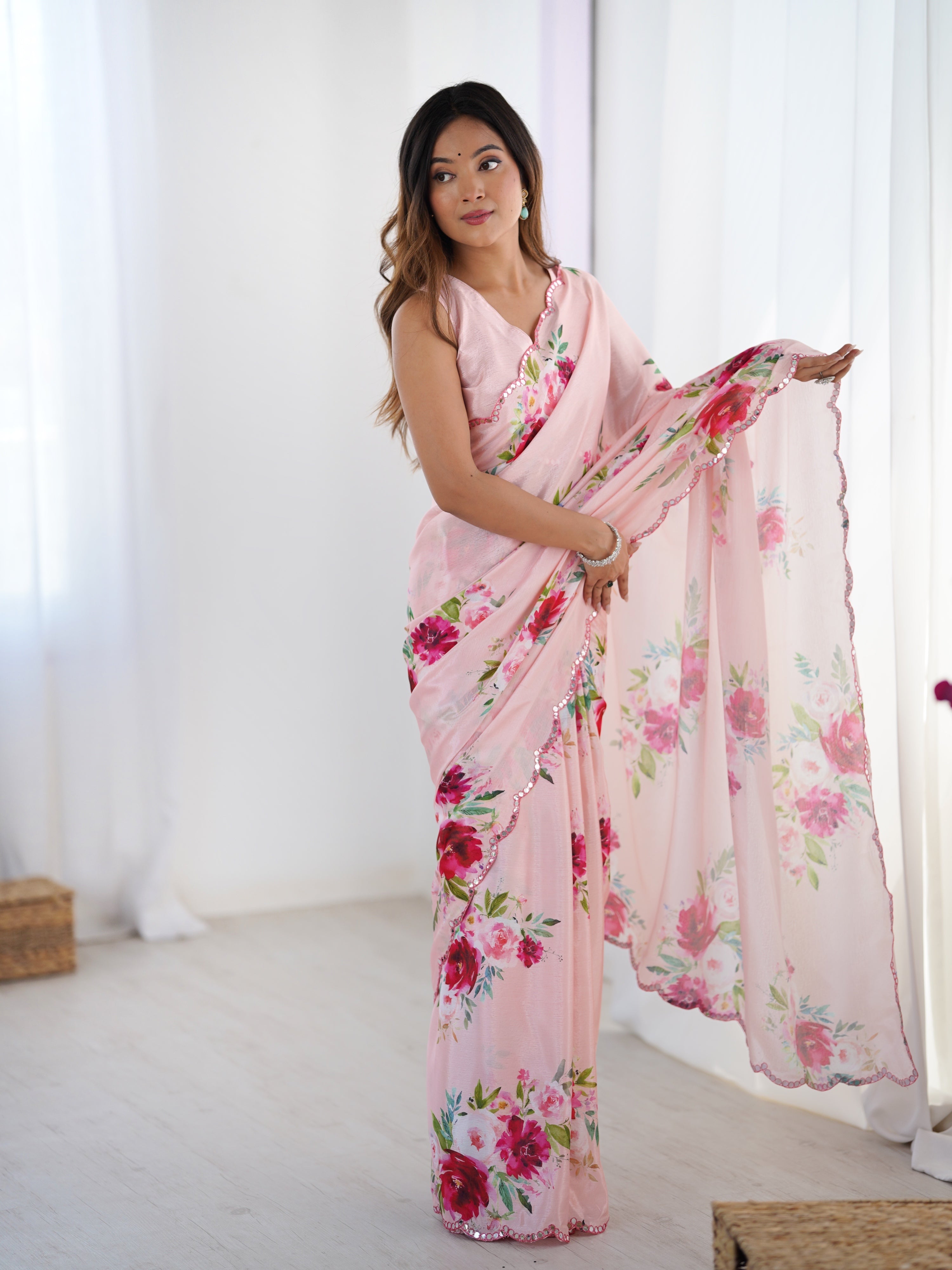 Baby Pink Chinon Designer Saree with Mirror Lace Border and Blouse