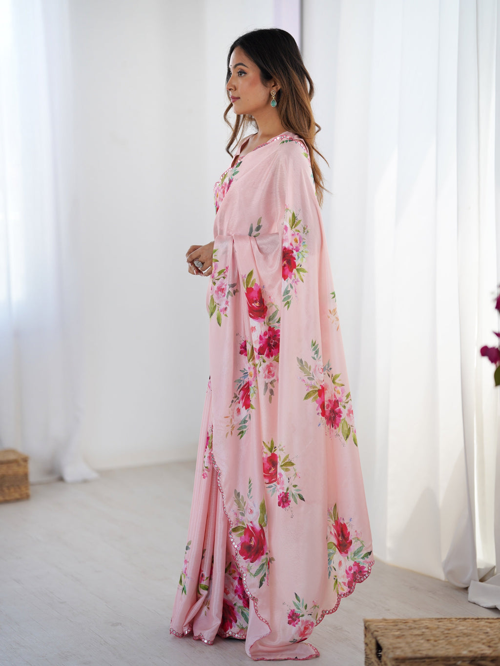 Baby Pink Chinon Designer Saree with Mirror Lace Border and Blouse