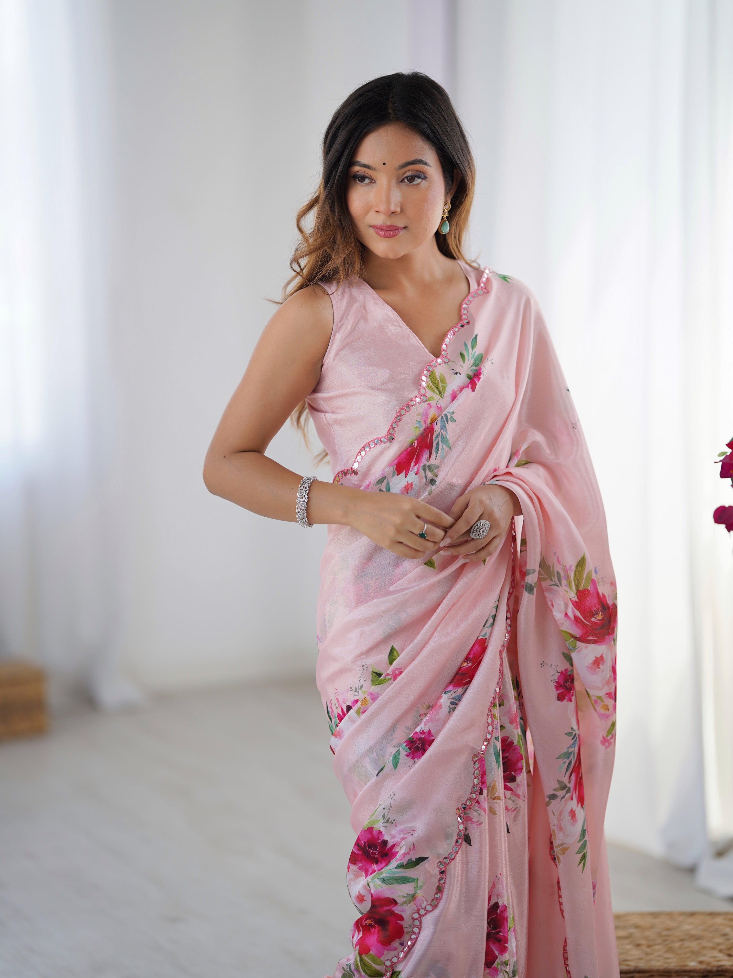 Baby Pink Chinon Designer Saree with Mirror Lace Border and Blouse