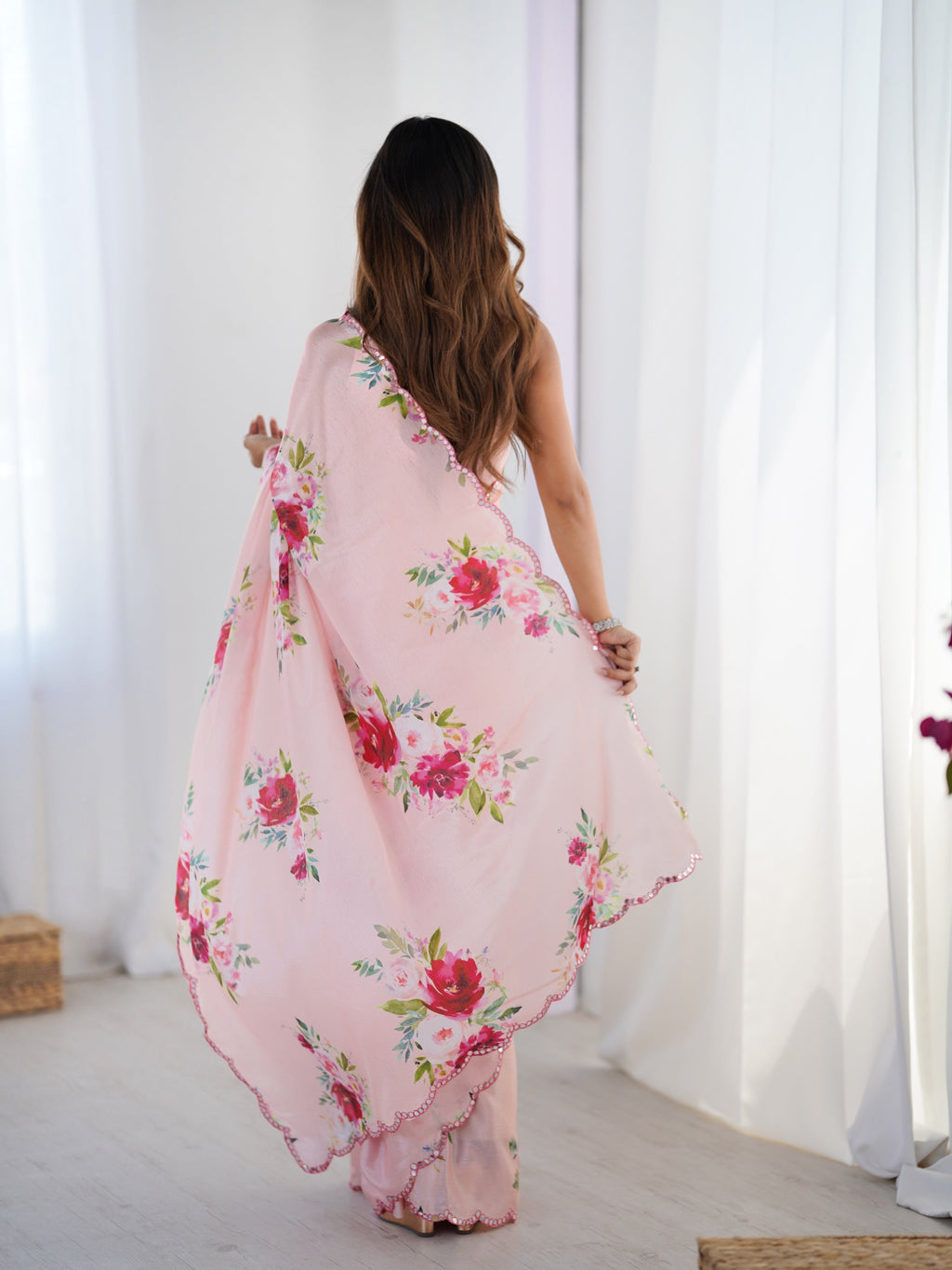 Baby Pink Chinon Designer Saree with Mirror Lace Border and Blouse