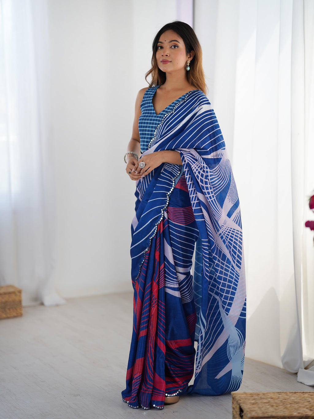 Blue Chinon Digital Printed Designer Saree with Matching Blouse