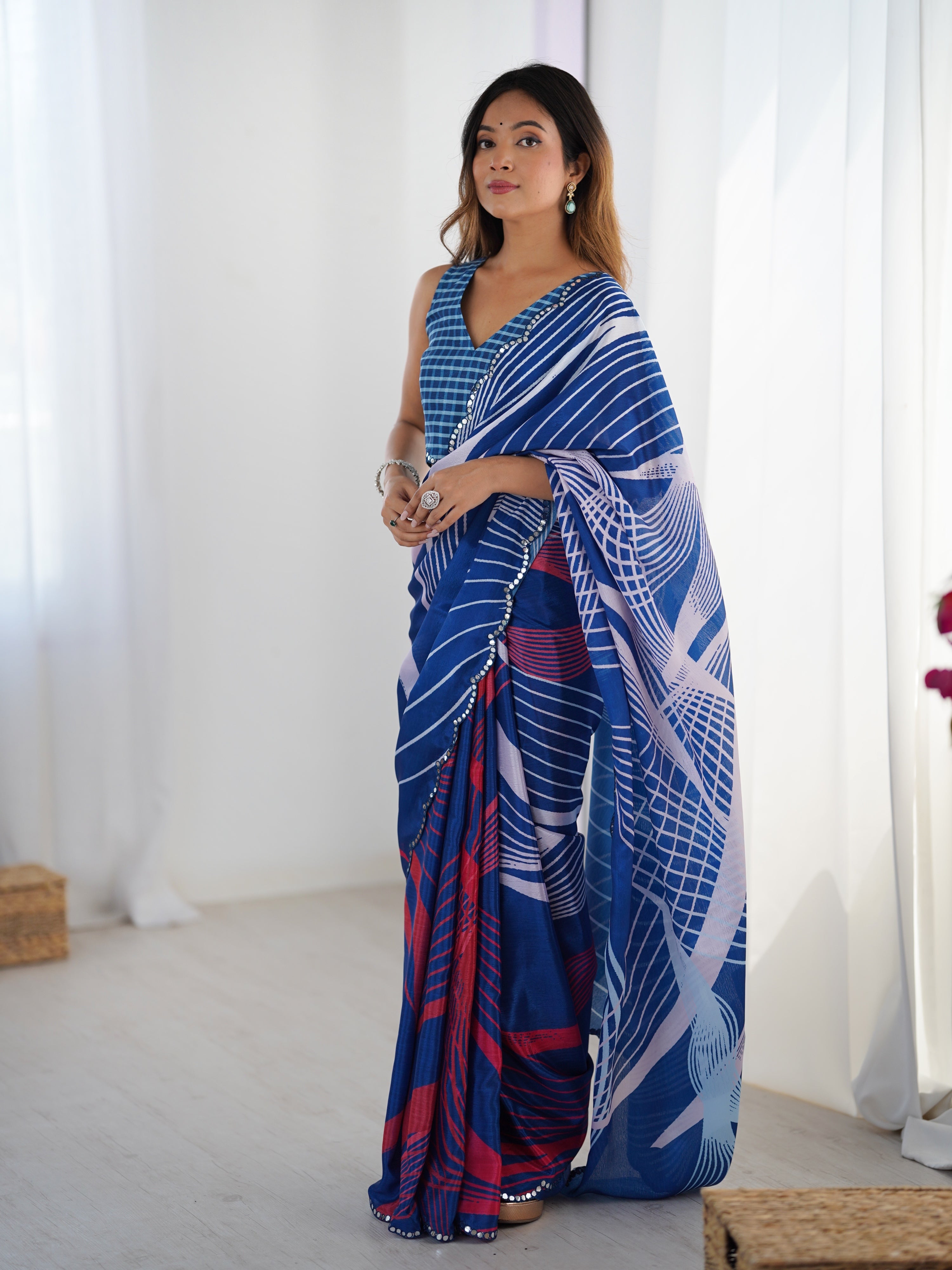 Blue Chinon Digital Printed Designer Saree with Matching Blouse