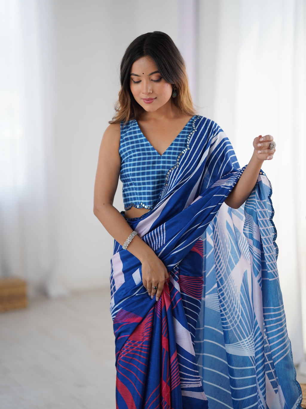 Blue Chinon Digital Printed Designer Saree with Matching Blouse