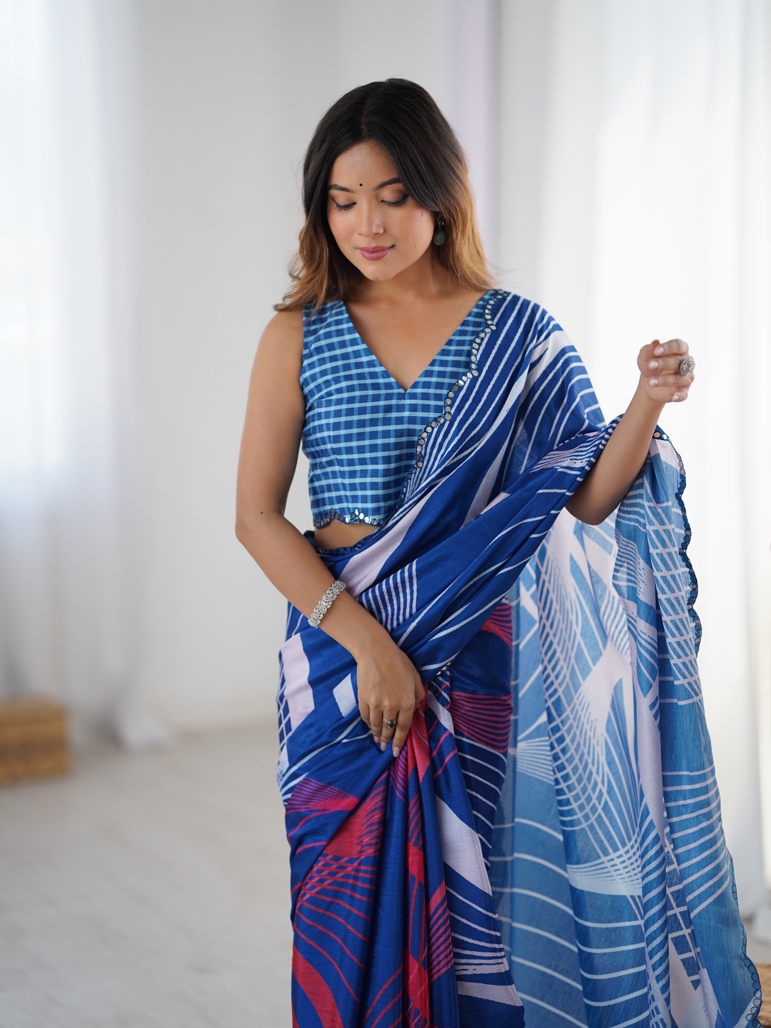 Blue Chinon Digital Printed Designer Saree with Matching Blouse