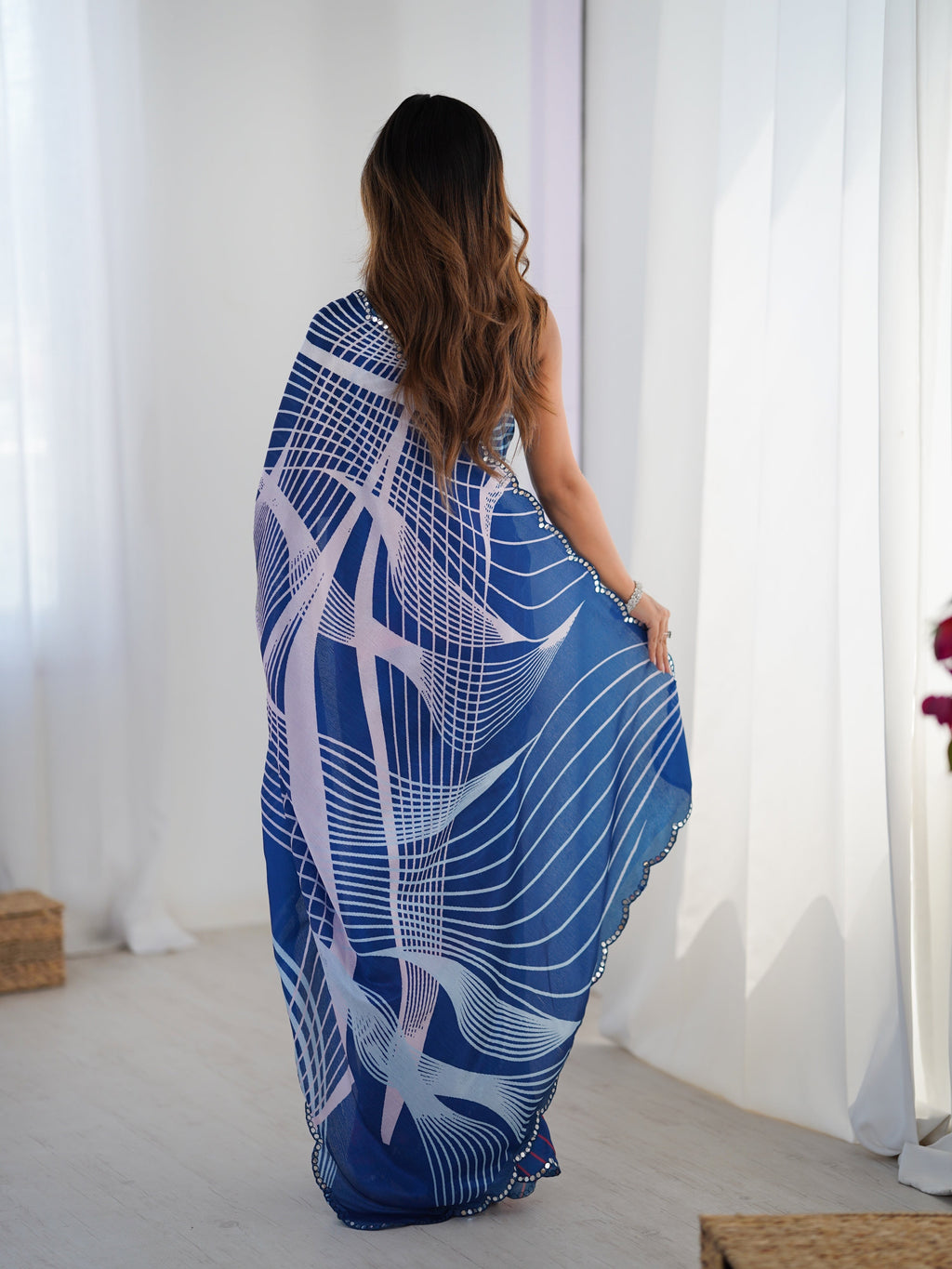 Blue Chinon Digital Printed Designer Saree with Matching Blouse