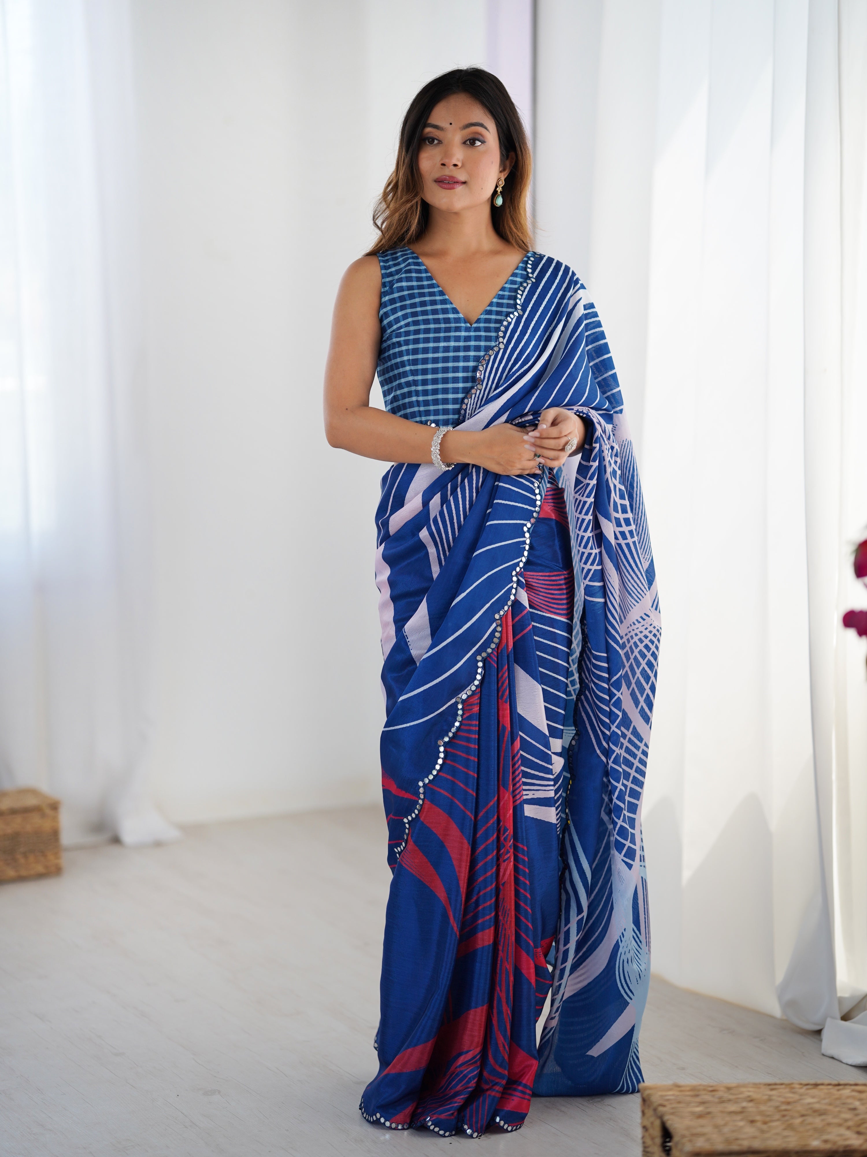 Blue Chinon digital printed designer saree with mirror lace border