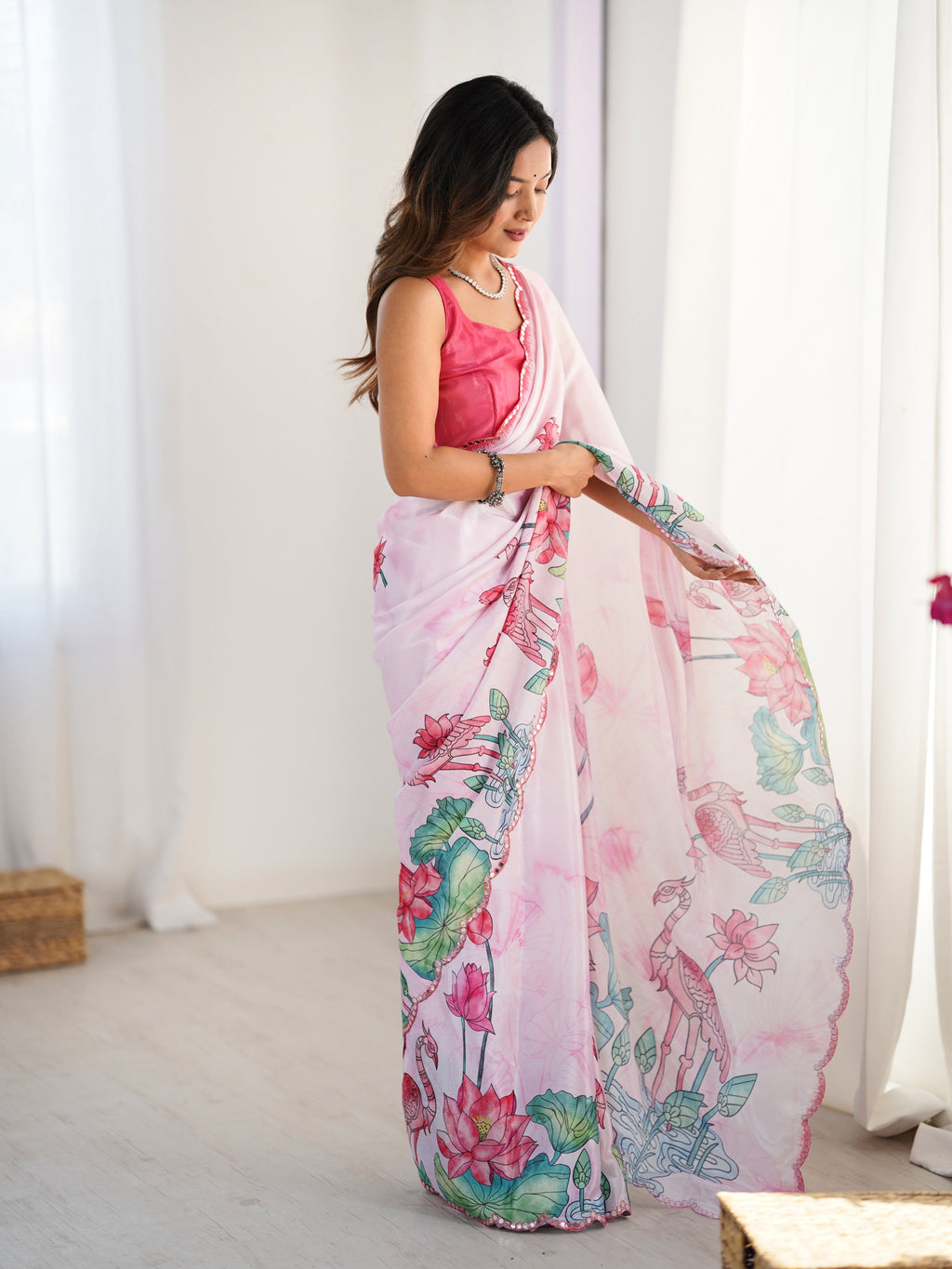 Pink Chinon Digital Printed Designer Saree with Mirror Lace