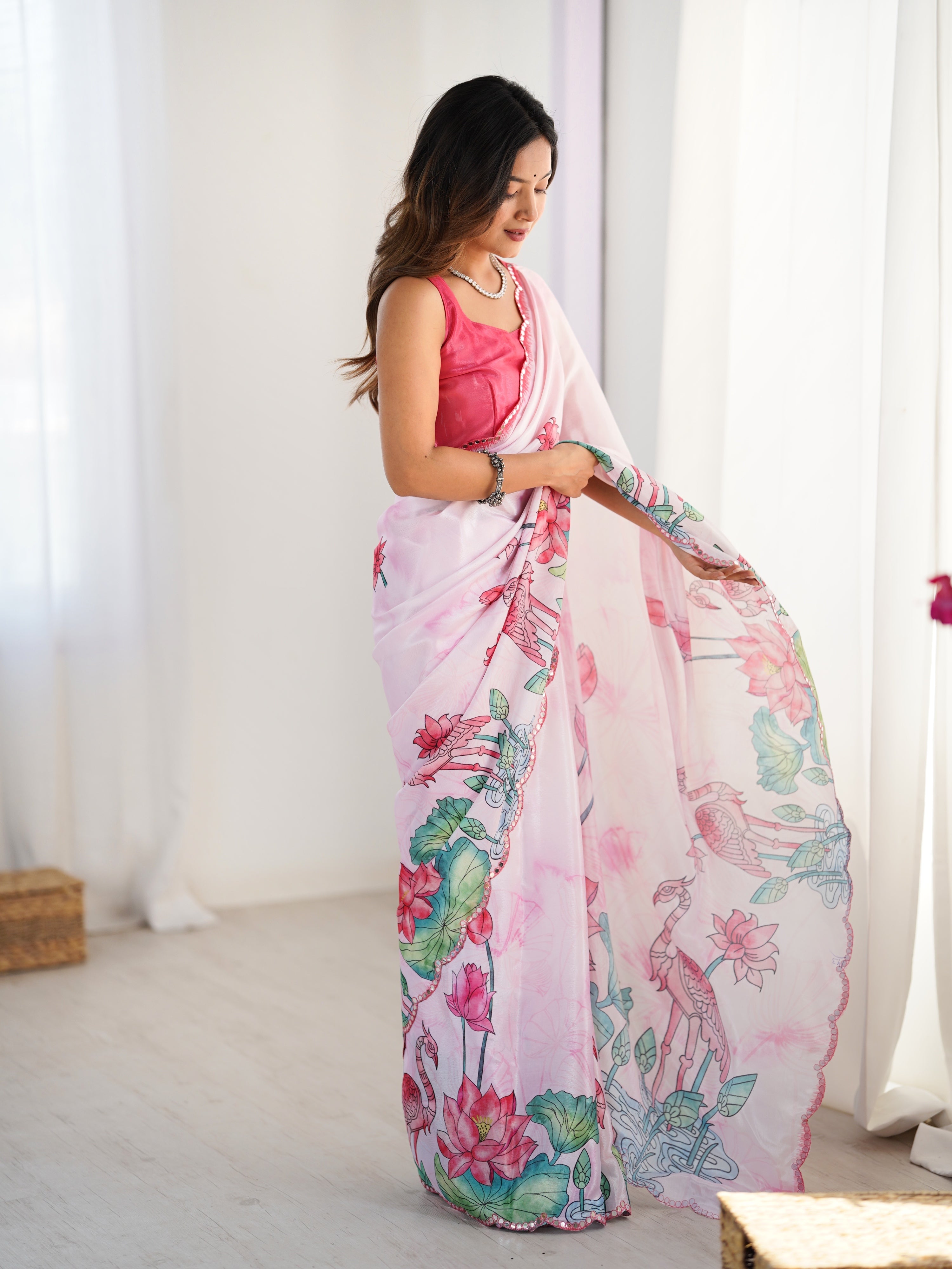 Pink Chinon Digital Printed Designer Saree with Mirror Lace