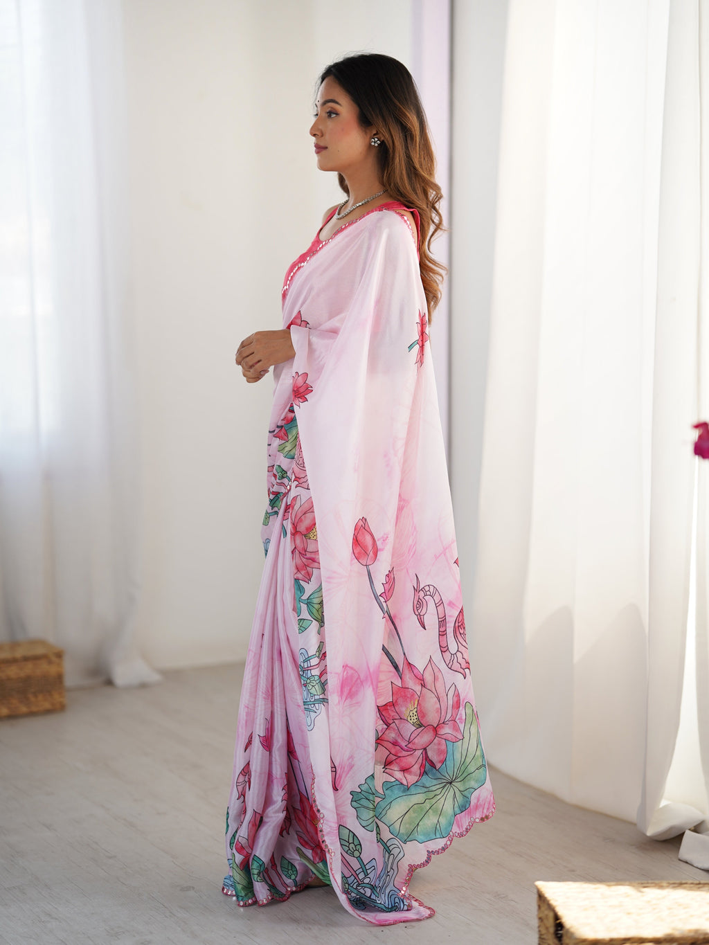 Pink Chinon Digital Printed Designer Saree with Mirror Lace