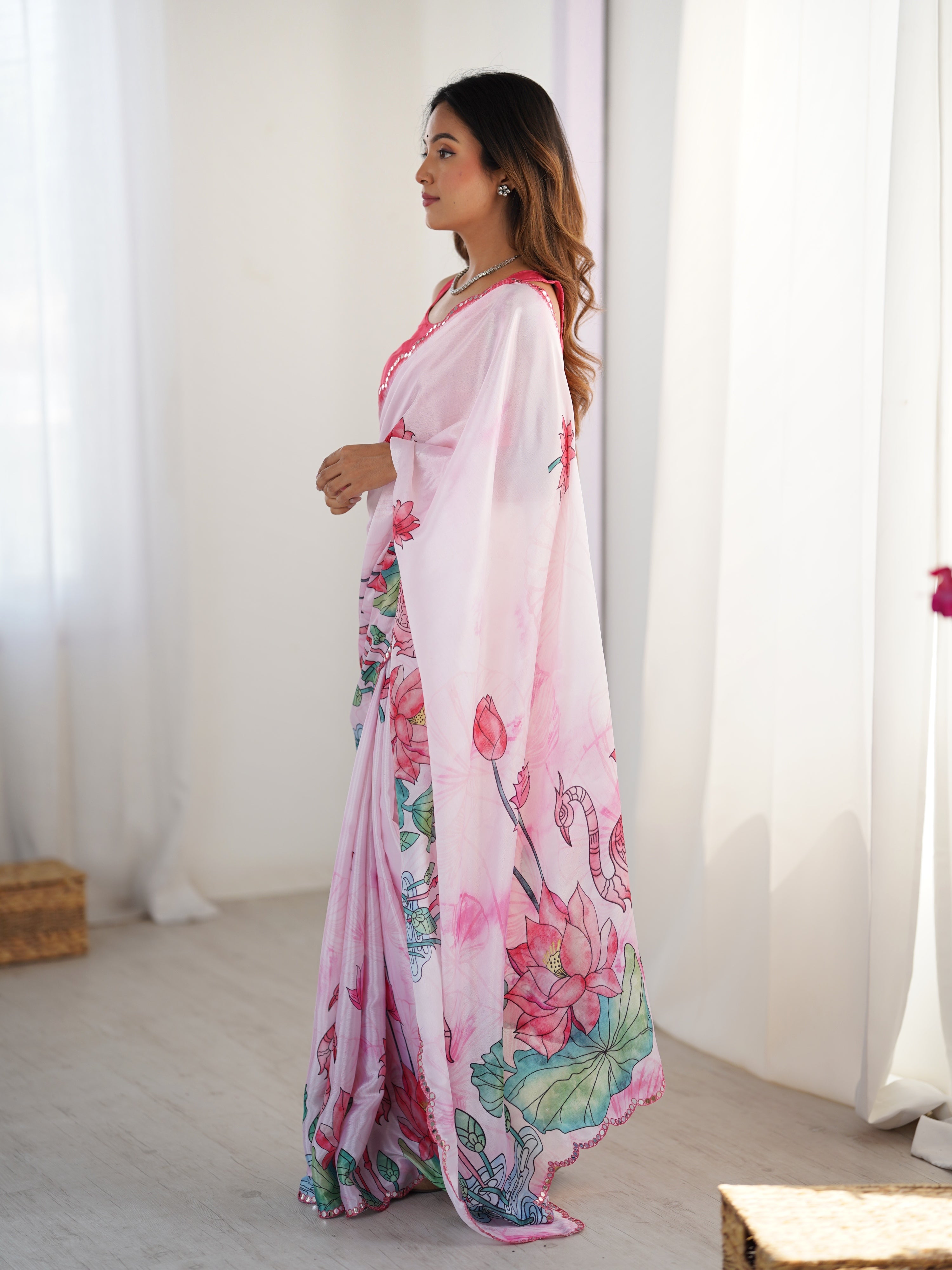 Pink Chinon Digital Printed Designer Saree with Mirror Lace