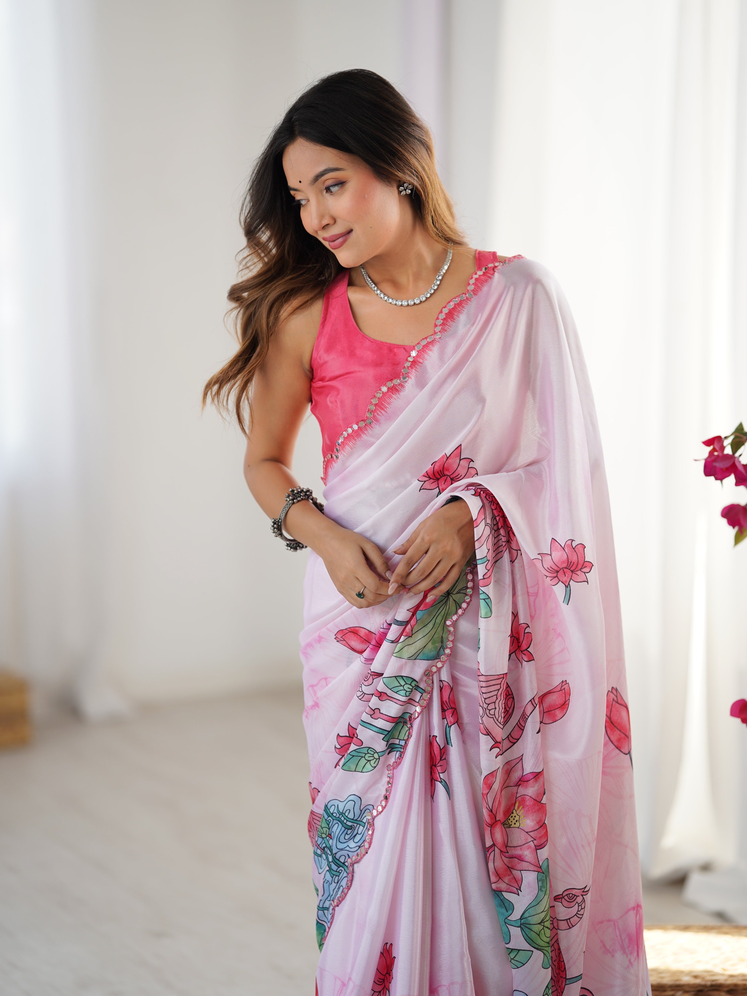 Pink Chinon Digital Printed Designer Saree with Mirror Lace