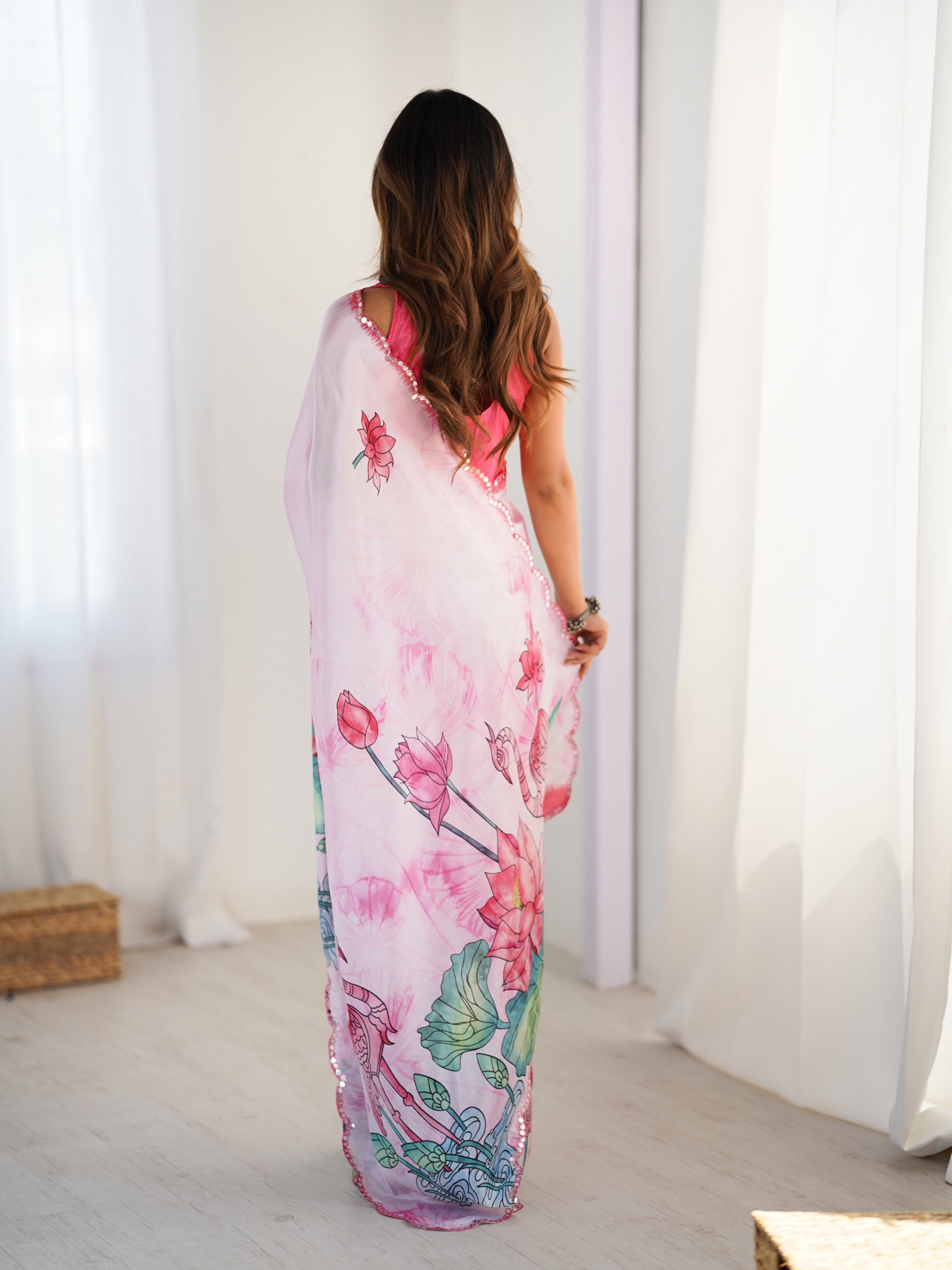 Pink Chinon Digital Printed Designer Saree with Mirror Lace