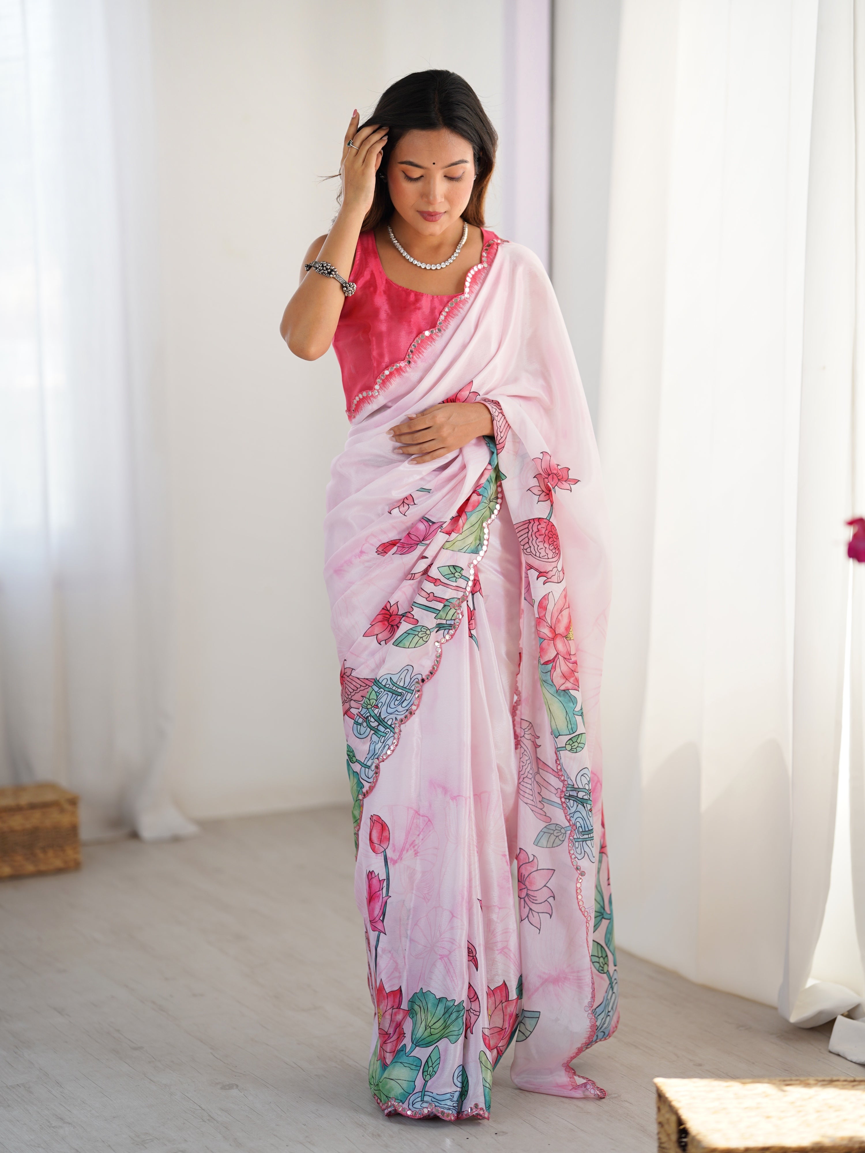 Pink Chinon digital printed saree featuring a detailed mirror lace border.