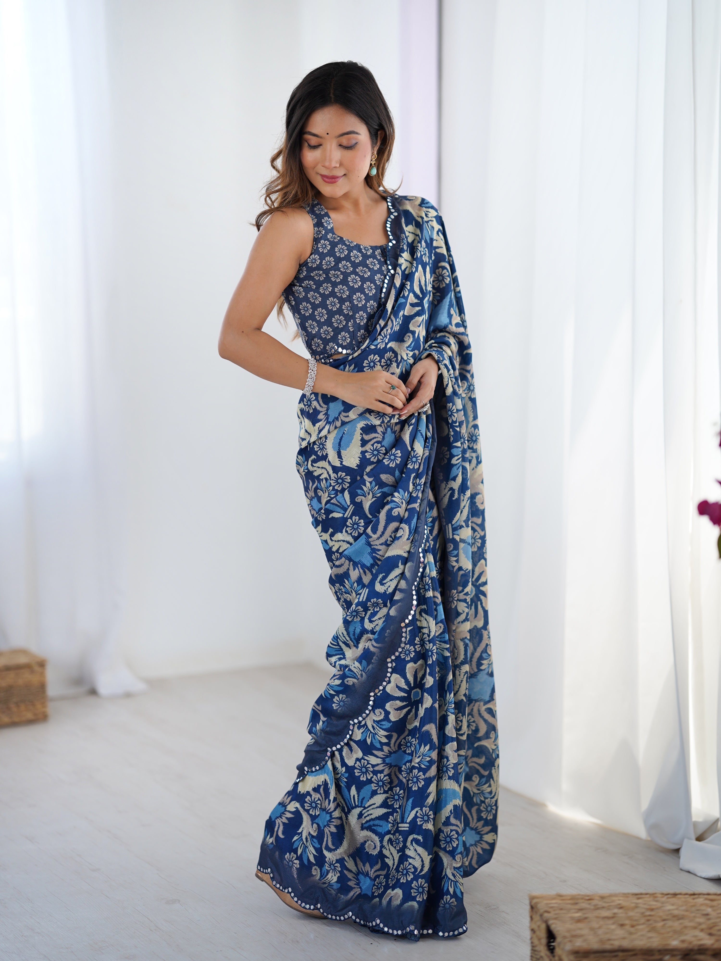 Navy Blue Chinon Digital Printed Saree with Mirror Lace Border