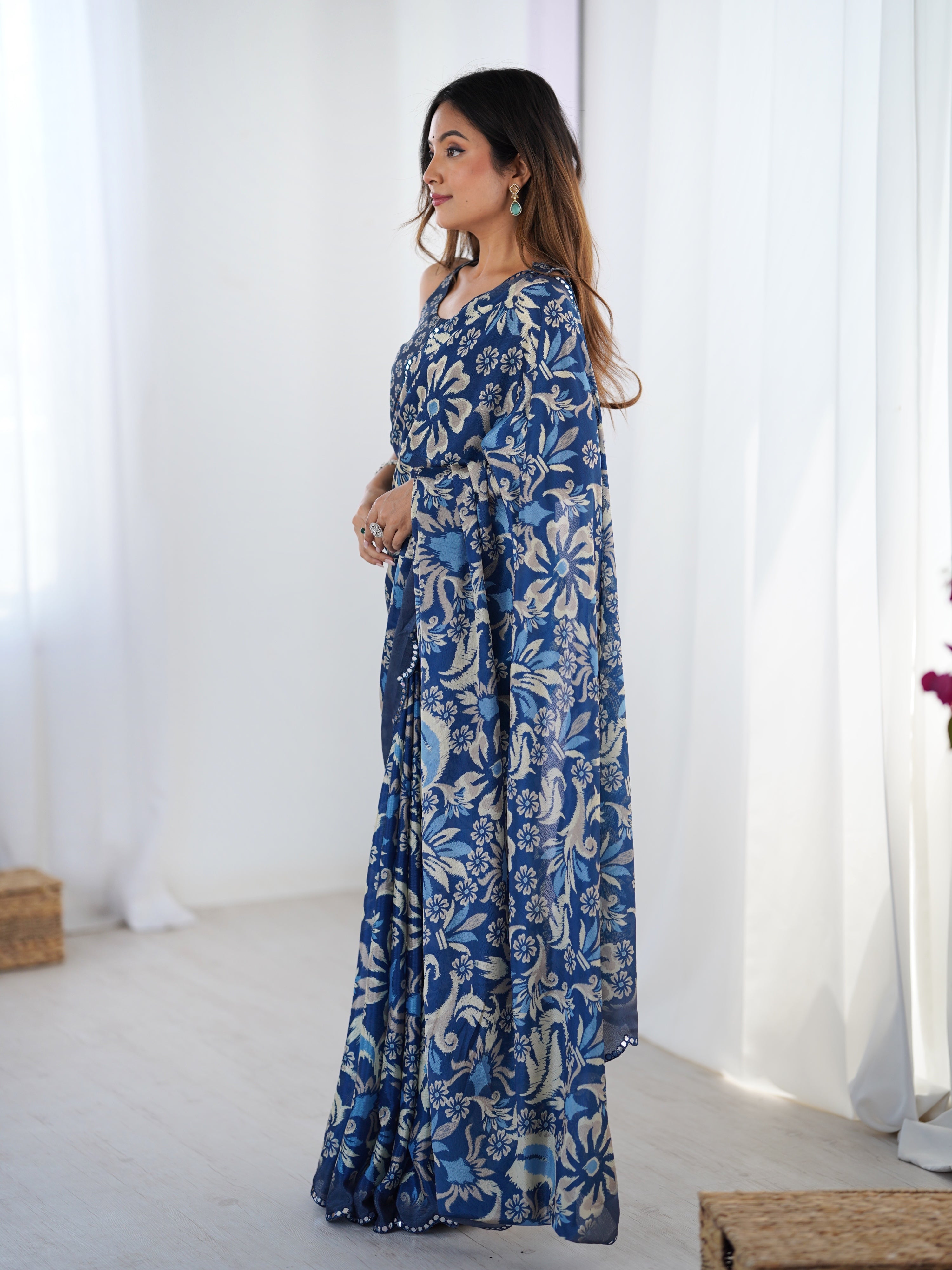 Navy Blue Chinon Digital Printed Saree with Mirror Lace Border
