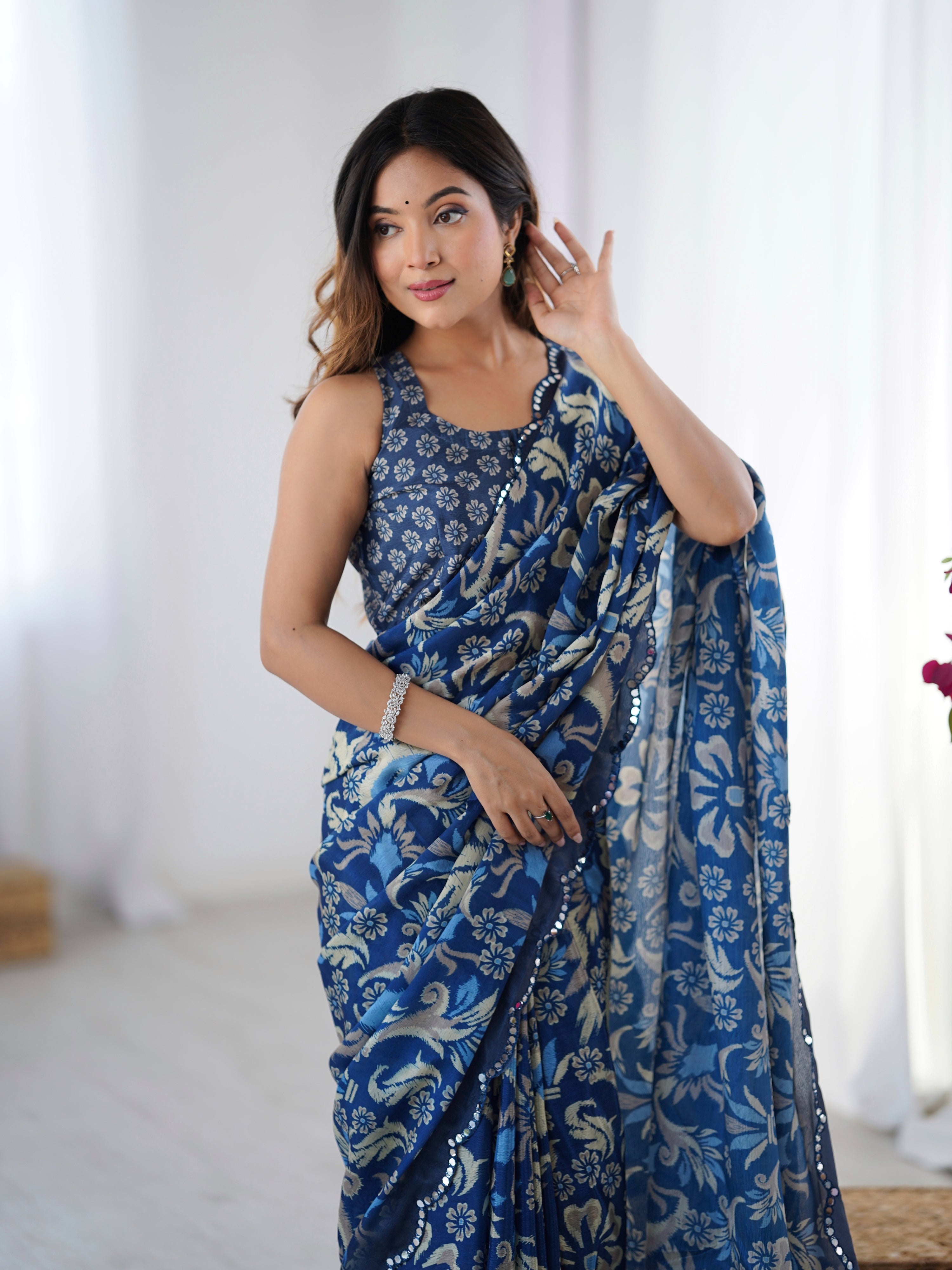 Navy Blue Chinon Digital Printed Saree with Mirror Lace Border