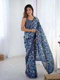 Navy blue Chinon digital printed saree with mirror lace border