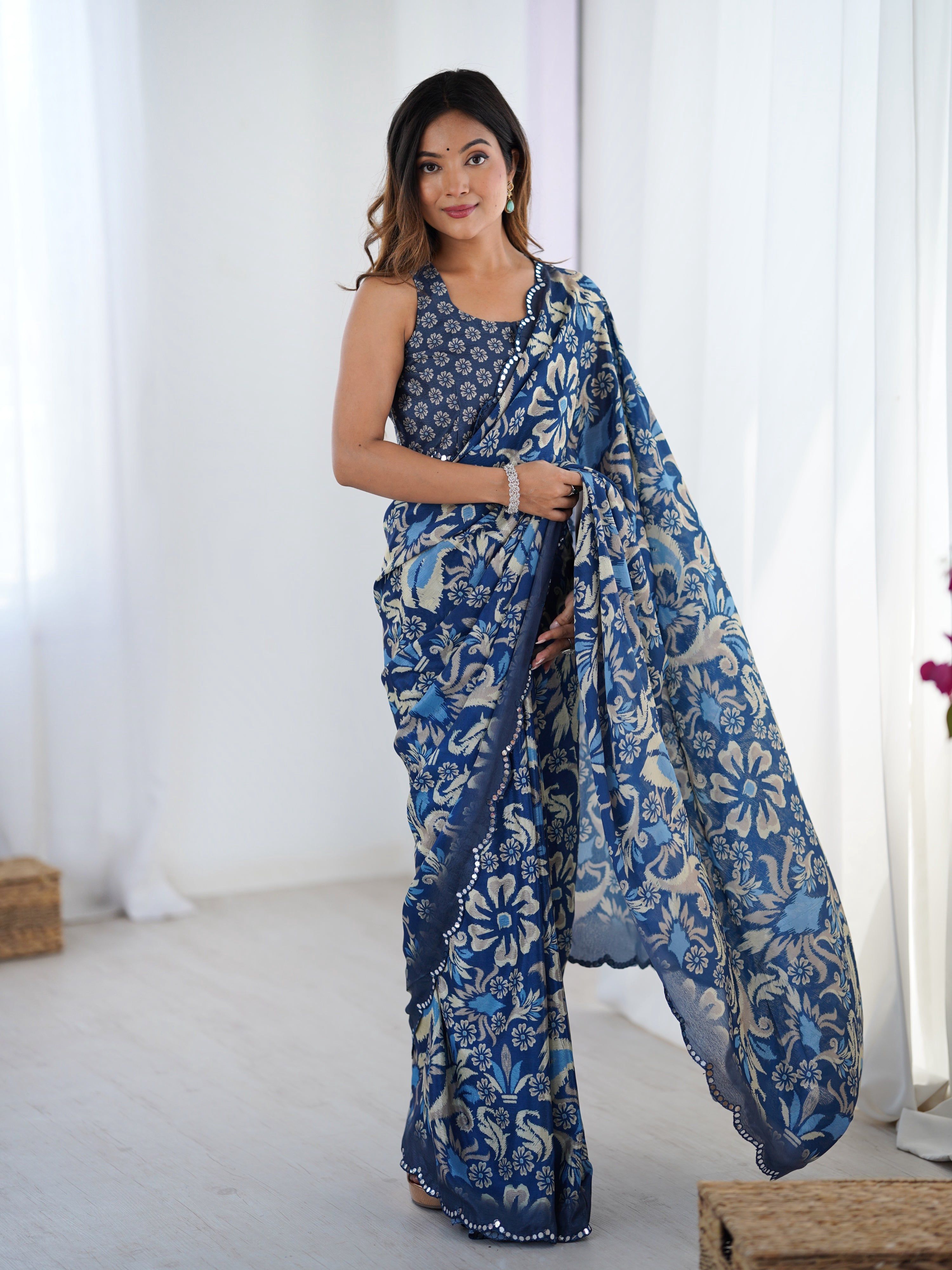 Navy blue Chinon digital printed saree with mirror lace border