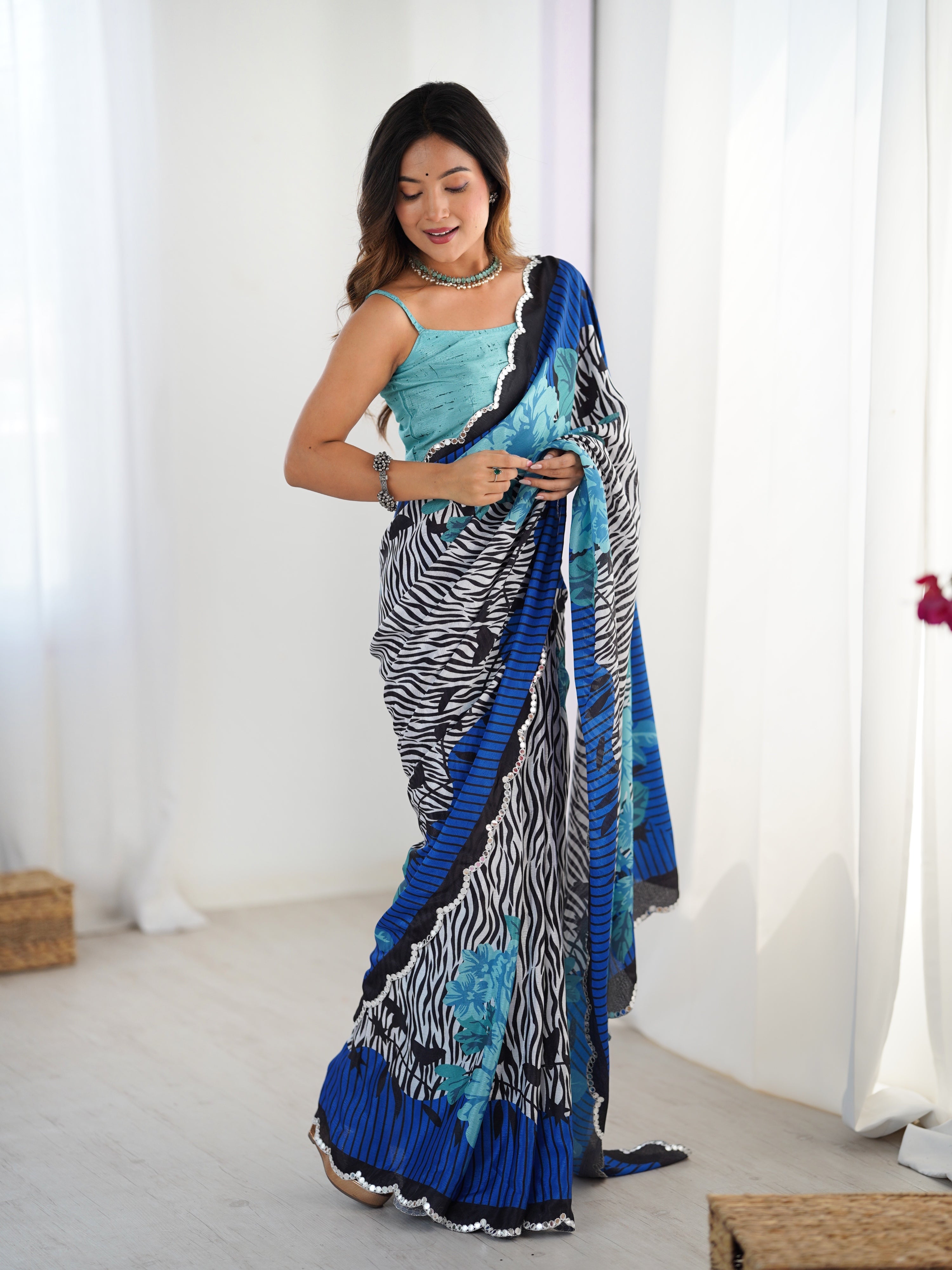 Multicolor Chinon Digital Printed Designer Saree with Mirror Work