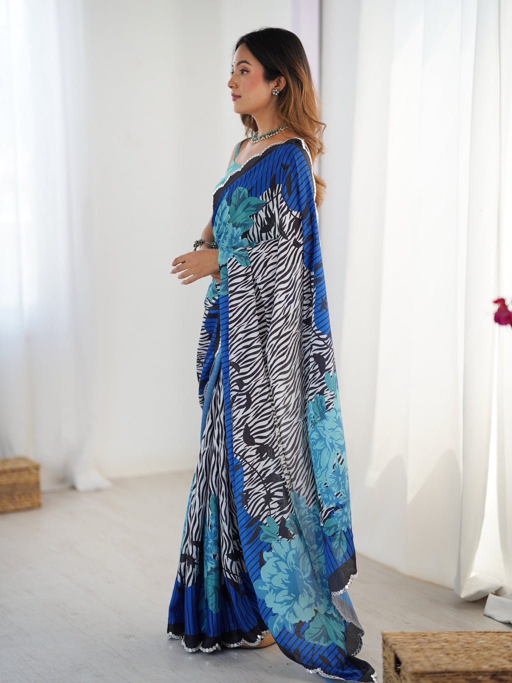 Multicolor Chinon Digital Printed Designer Saree with Mirror Work
