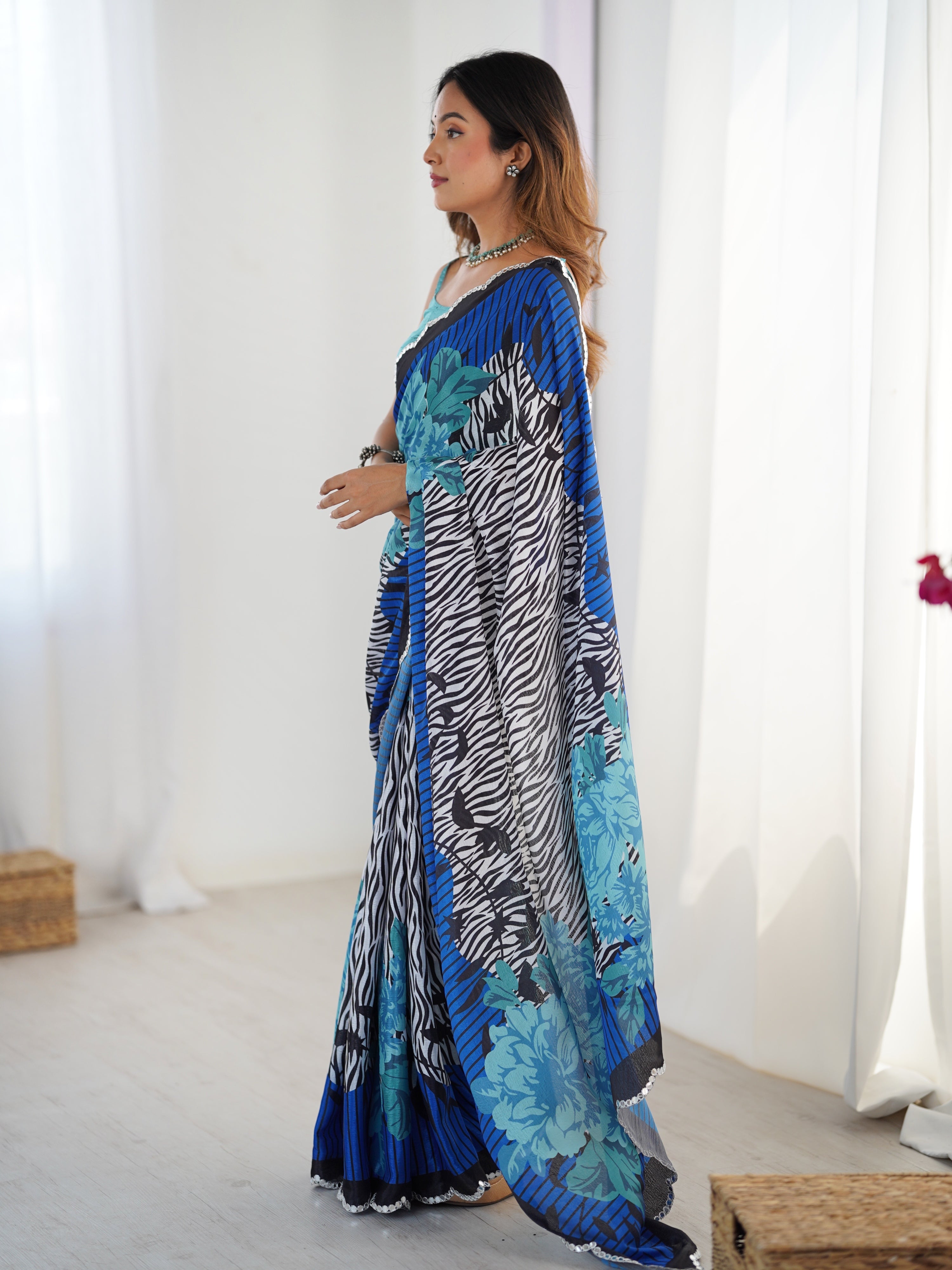 Multicolor Chinon Digital Printed Designer Saree with Mirror Work