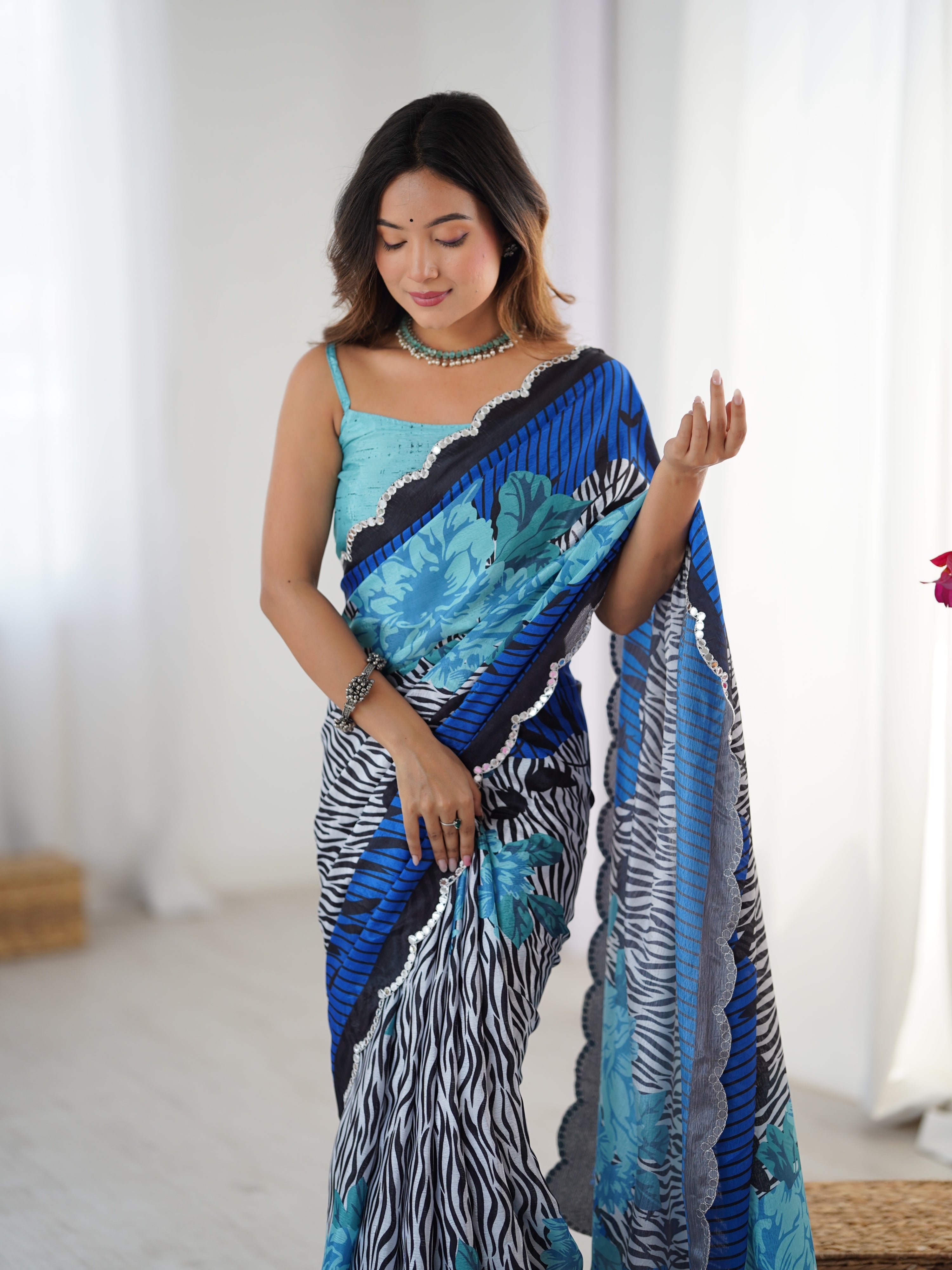 Multicolor Chinon Digital Printed Designer Saree with Mirror Work