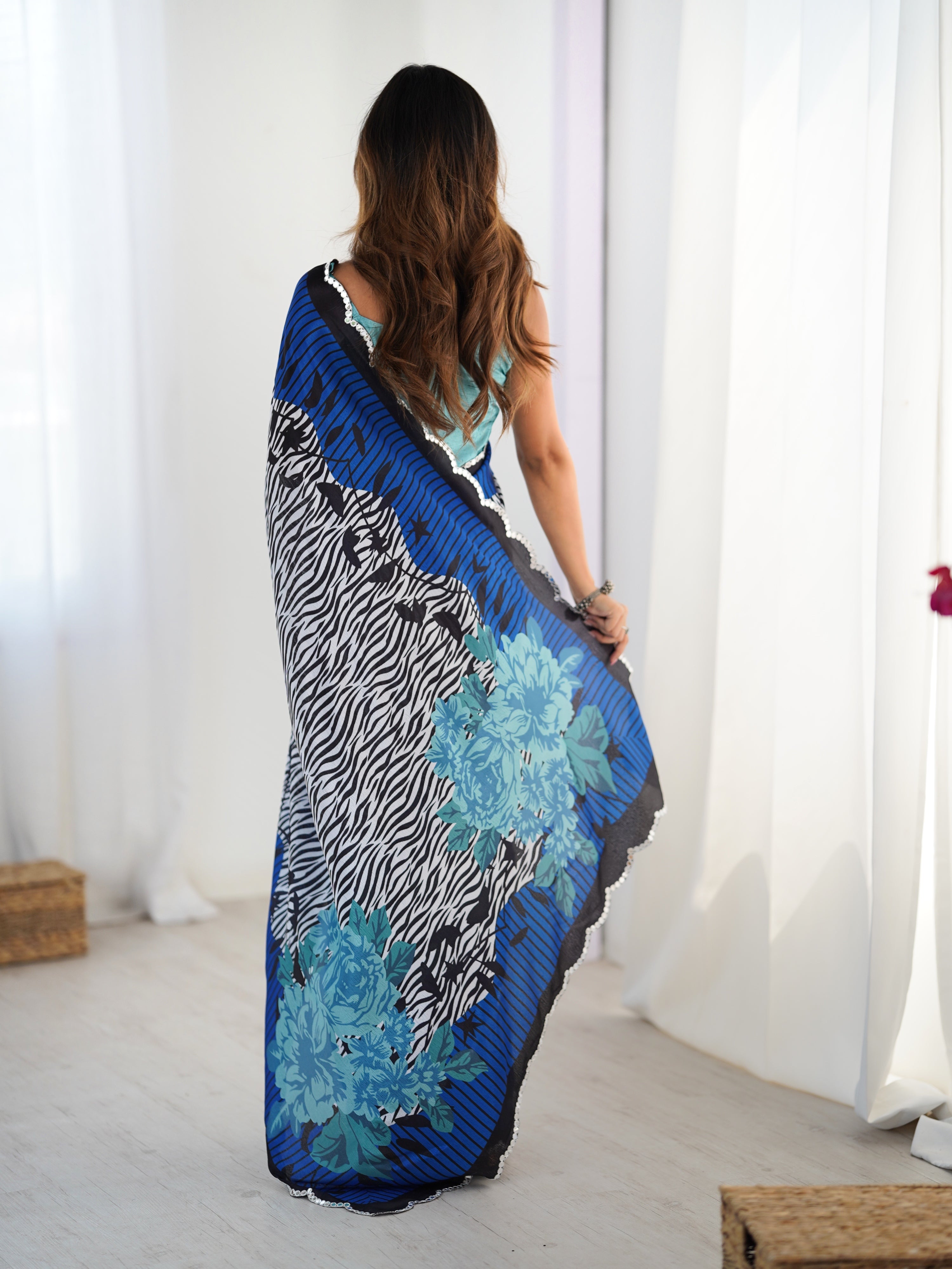 Multicolor Chinon Digital Printed Designer Saree with Mirror Work