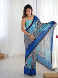 Multicolor Chinon designer saree with digital print and mirror lace border