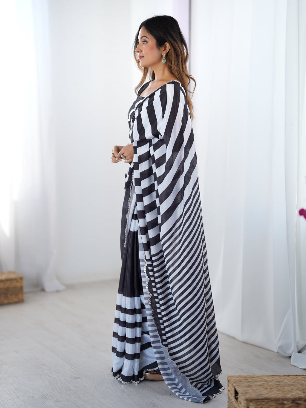 Black Chinon Digital Printed Designer Saree with Mirror Lace Border