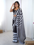 Black Chinon digital printed saree with mirror lace border and matching blouse