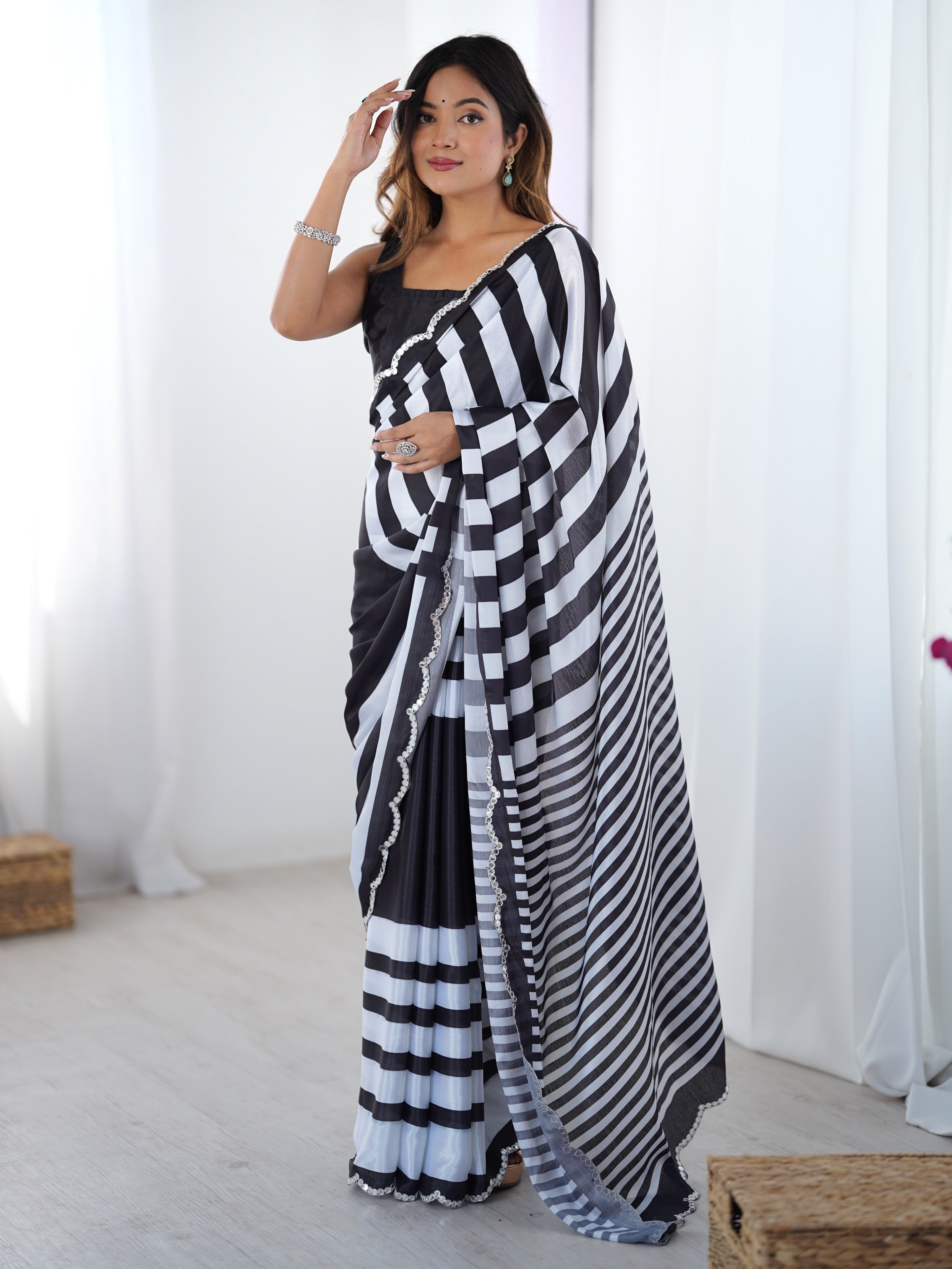 Black Chinon digital printed saree with mirror lace border and matching blouse