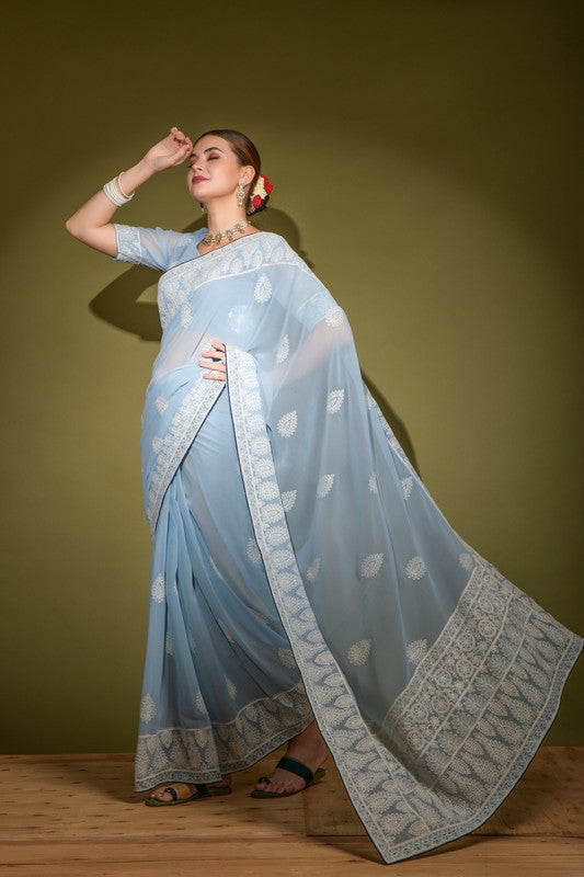 Sky Blue Georgette Saree with Lakhnavi Thread Work and Blouse