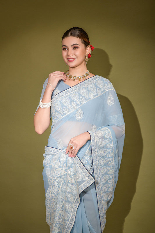 Sky Blue Georgette Saree with Lakhnavi Thread Work and Blouse