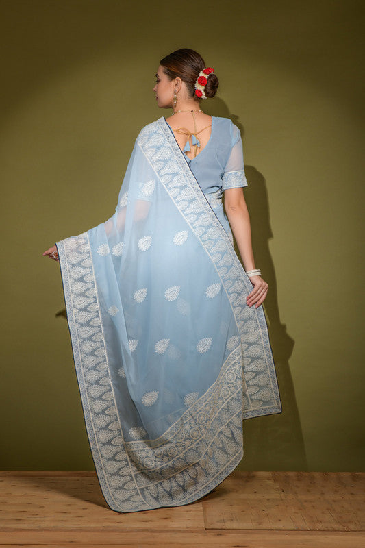 Sky Blue Georgette Saree with Lakhnavi Thread Work and Blouse