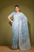 Sky blue georgette saree with delicate Lakhnavi thread work and matching blouse