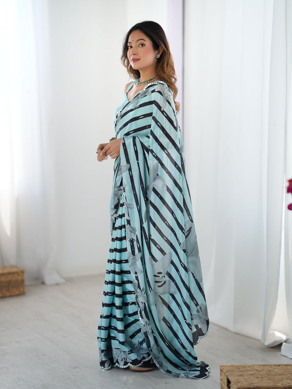 Sea Green Chinon Digital Printed Designer Saree with Blouse