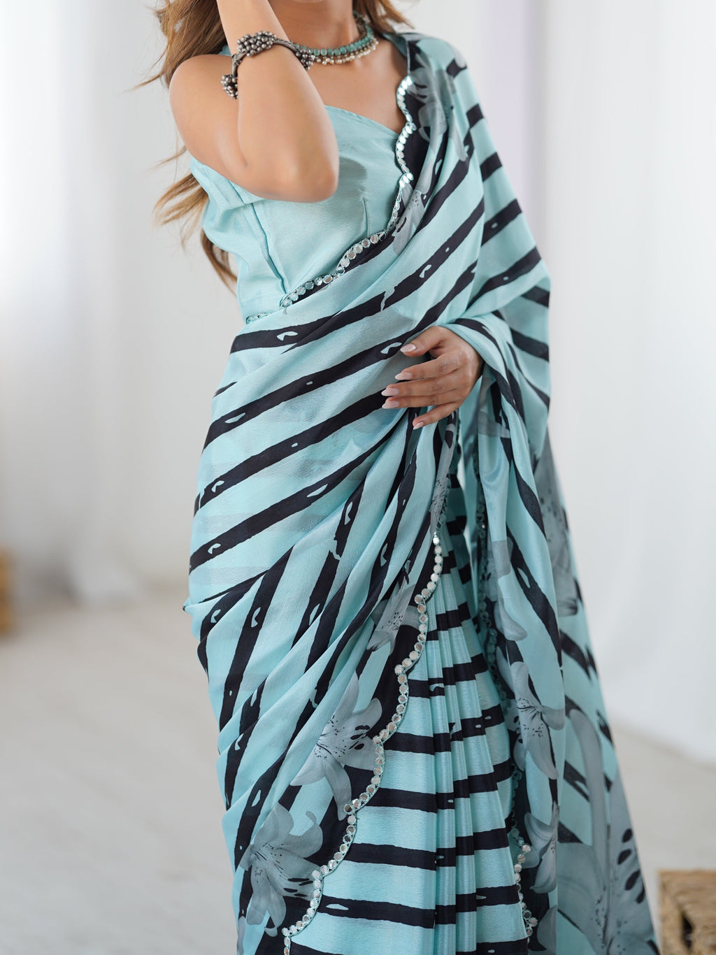 Sea Green Chinon Digital Printed Designer Saree with Blouse