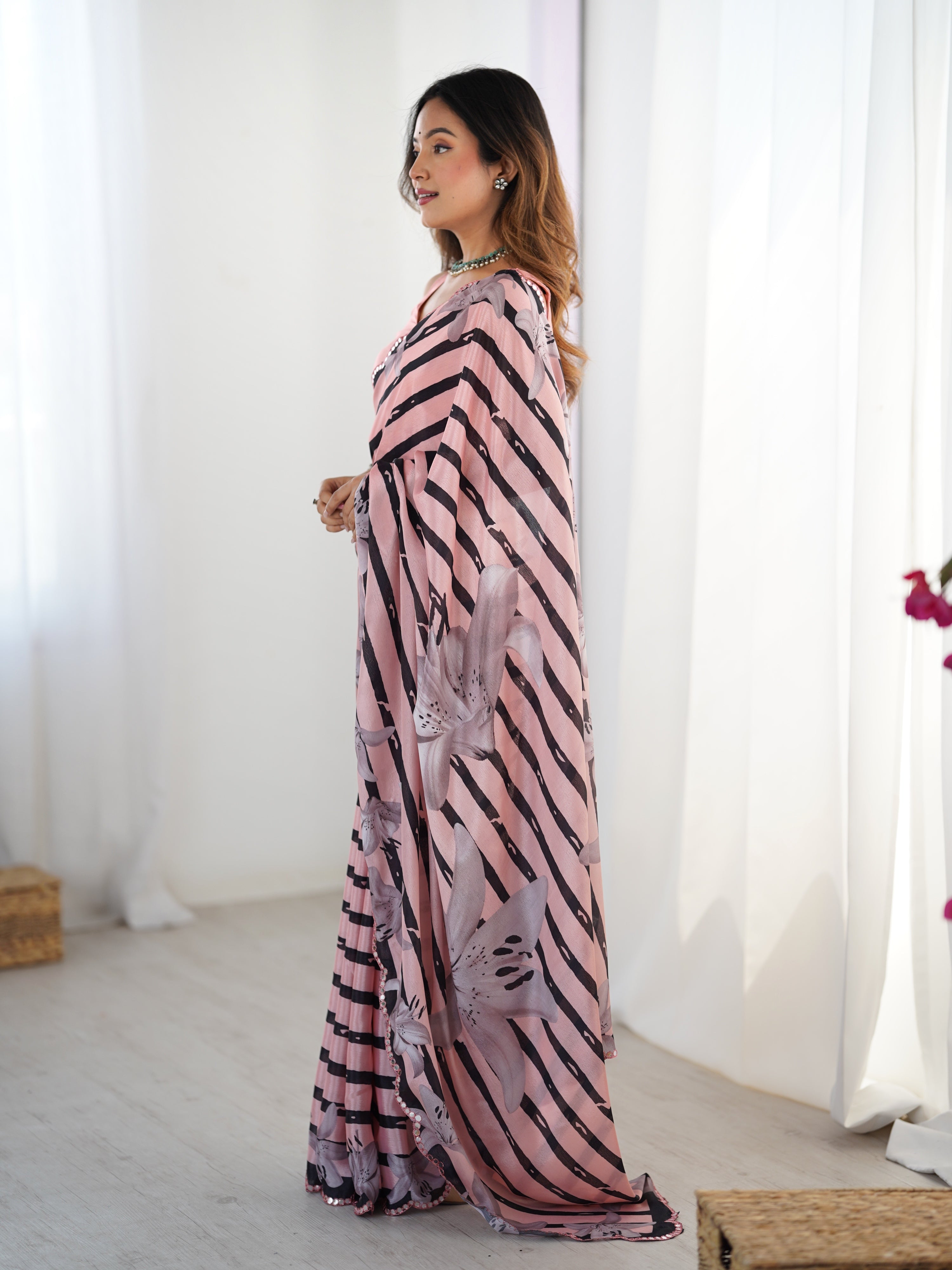 Baby Pink Chinon Digital Printed Designer Saree with Unstitched Blouse