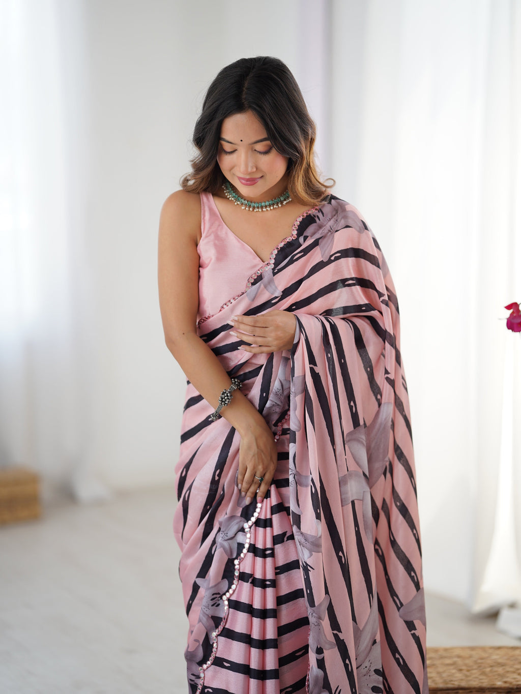 Baby Pink Chinon Digital Printed Designer Saree with Unstitched Blouse