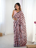 Elegant baby pink Chinon saree with digital floral print and mirror lace border detail