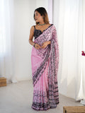 Pink Chinon digital printed saree with a delicate mirror lace border and matching blouse.