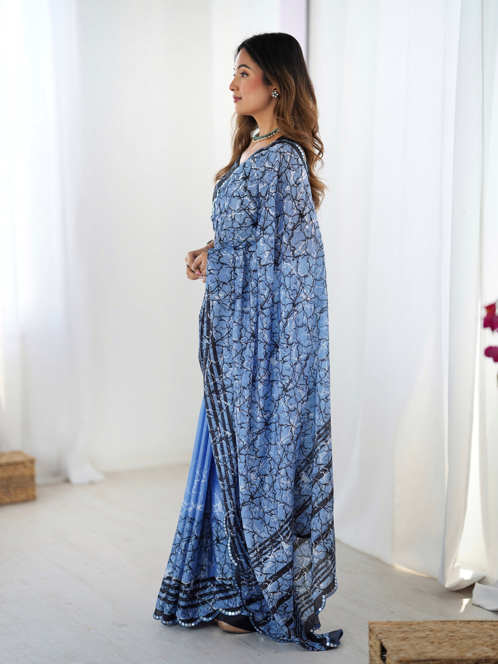 Blue Chinon Digital Printed Designer Saree with Mirror Lace Border