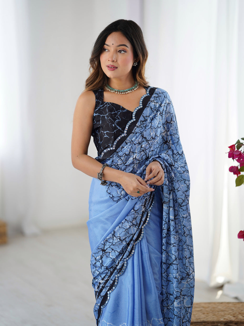 Blue Chinon Digital Printed Designer Saree with Mirror Lace Border