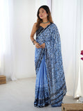 Blue Chinon digital printed saree with mirror lace border and matching blouse piece